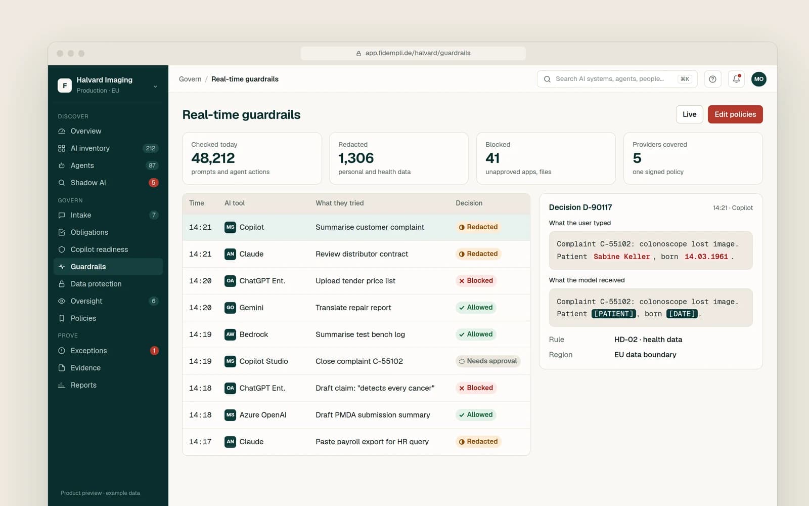 Live guardrail decisions across AI tools with one prompt shown before and after redaction